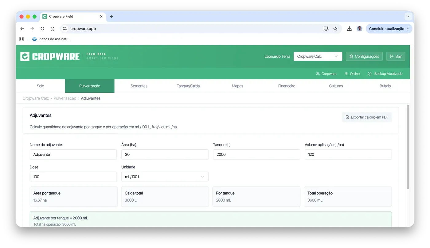 Calculadora de adjuvantes do Cropware Calc