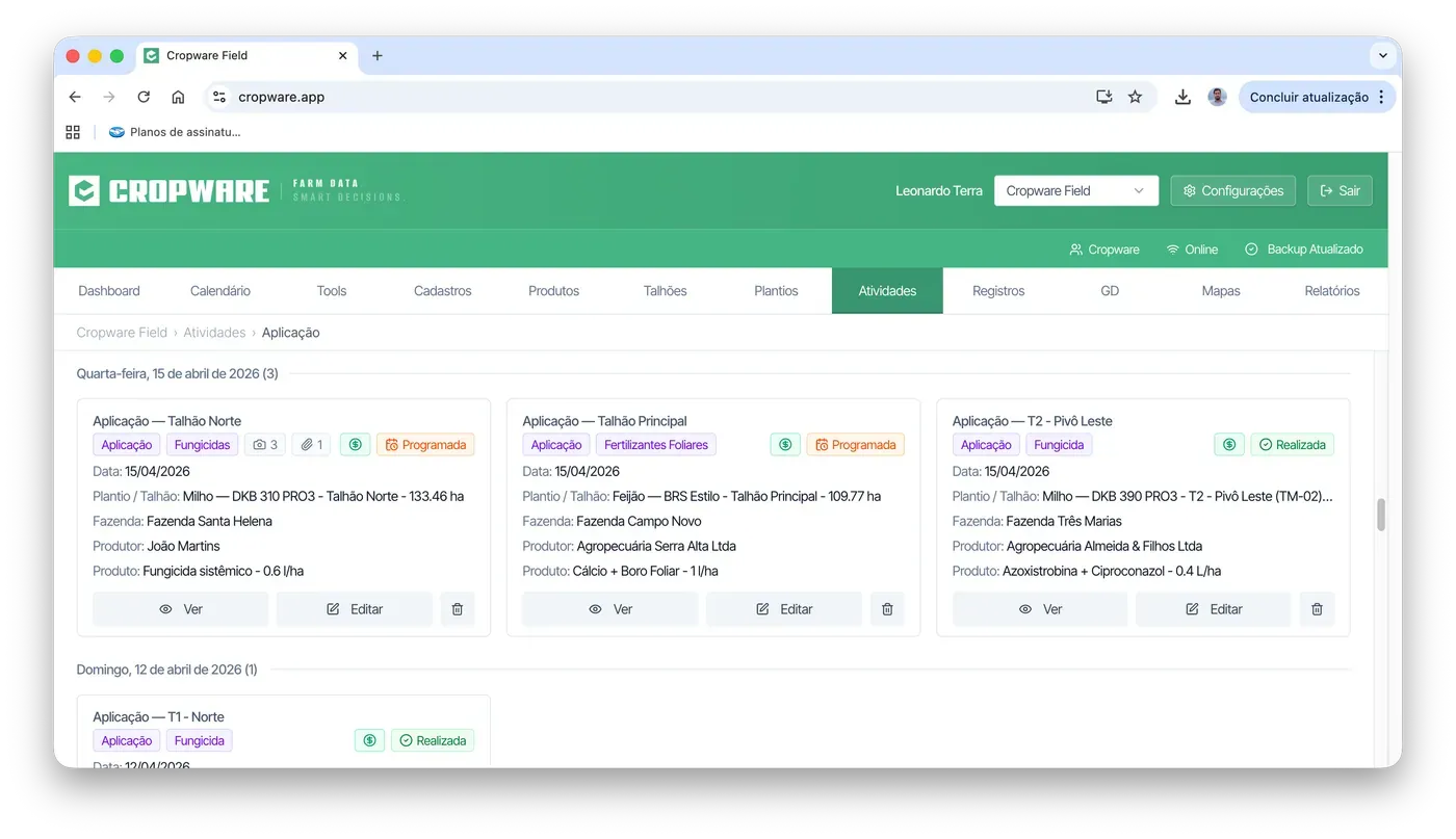 Lista de atividades do Cropware Field
