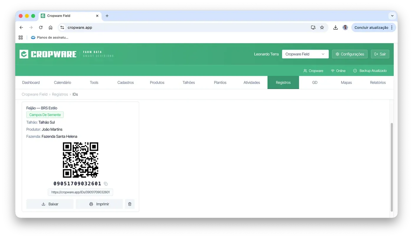 Tela de rastreabilidade do Cropware Field com QR code